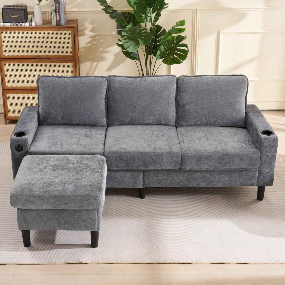 ECKSOFA Gepolstertes 3-Sitzer mit Fußhocker und USB und Typ-C-Anschlüssen Grau Leinen 202/137/80 cm - Grau, Textil (202/137cm) - OKWISH