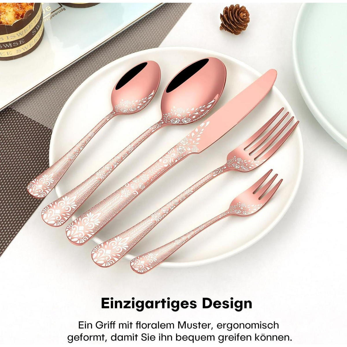 BESTECKSET 36-teilig Roségold für 6 Personen mit Blumenmuster - Rot, Metall