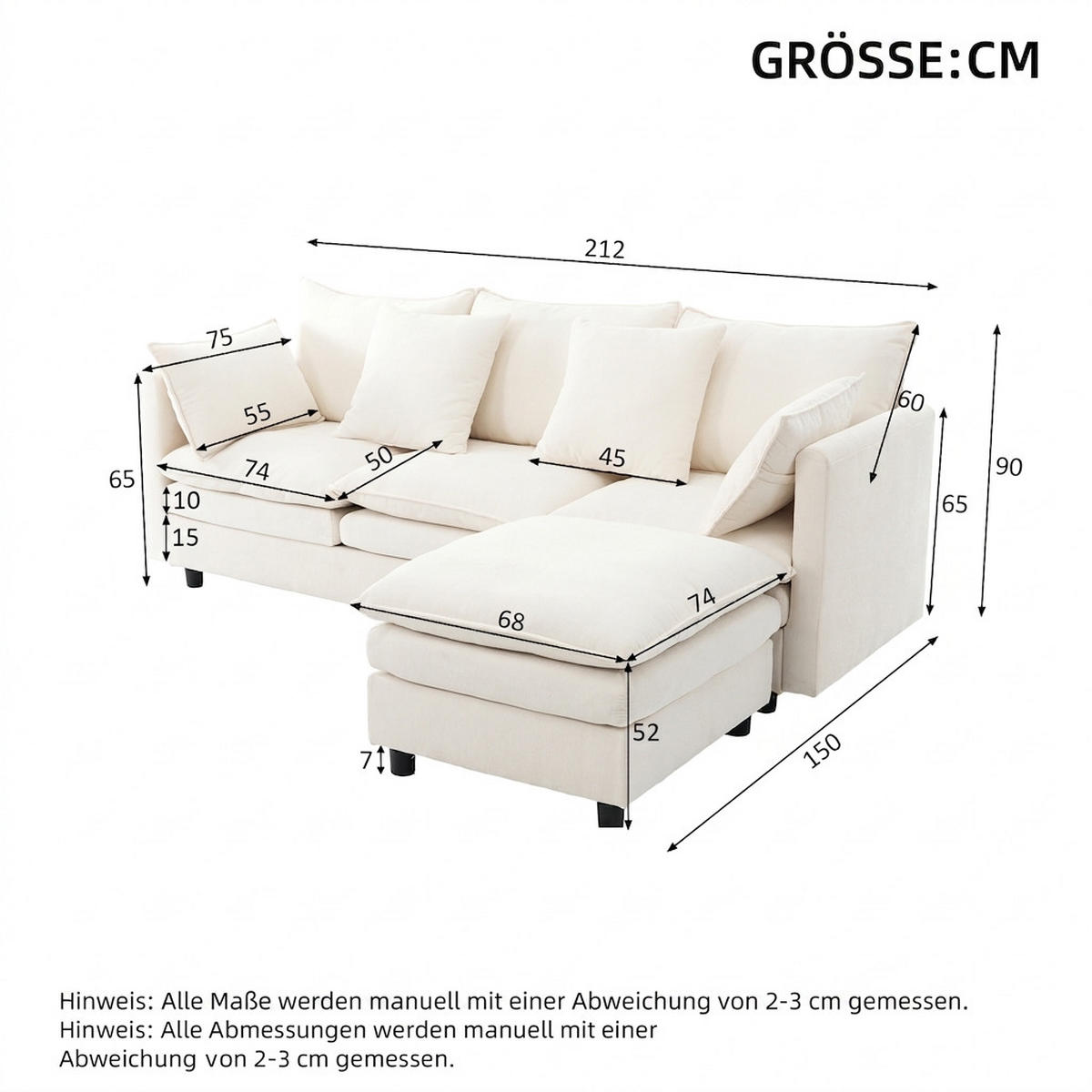 ECKSOFA 212/150/90 cm Beige mit 4 Zierkissen und 3 Rückenlehnen - Beige/Schwarz, Textil (212/150cm) - Oxeza