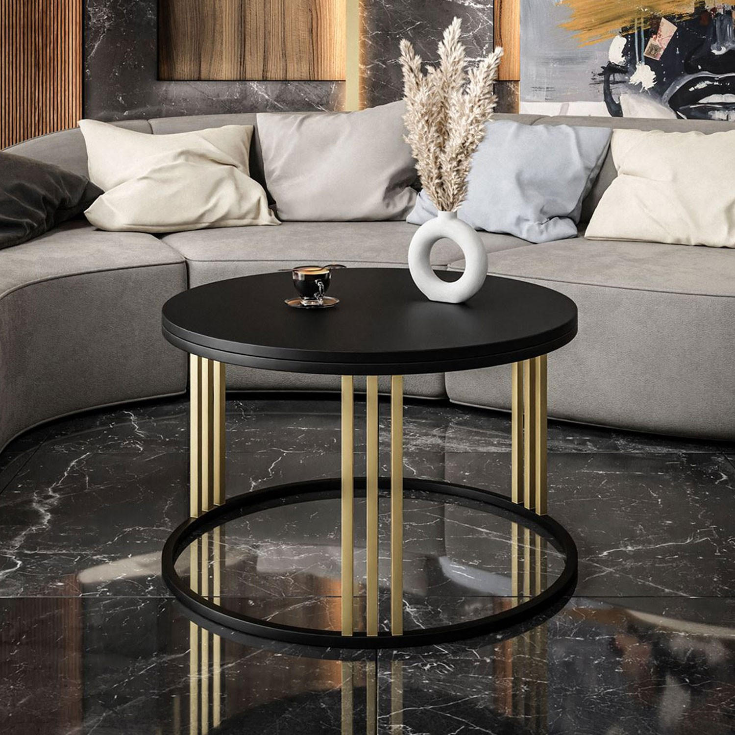 COUCHTISCH 2 in 1 LORI MIX schwarz matt - Goldfarben, Holzwerkstoff (70/70/48cm) - Lookway