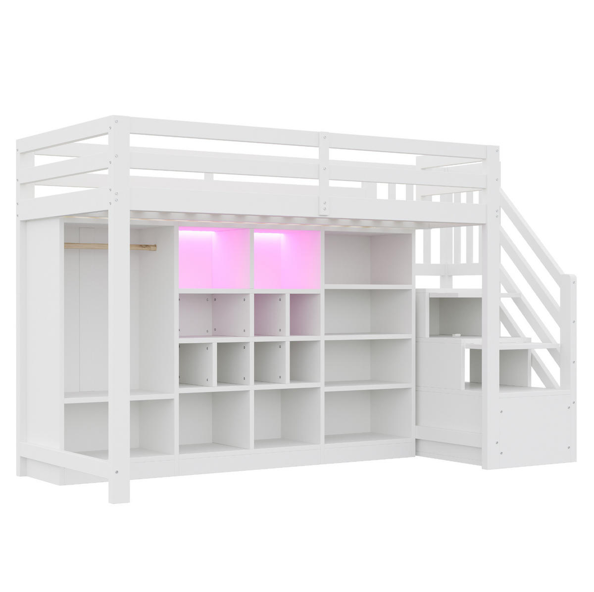 VISOKA postelja 90/200 cm bela z LED-osvetlitvijo in shranjevanjem iz lesa - bela, leseni material (90/200cm) - OKWISH