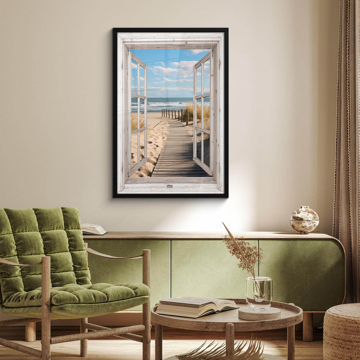 ZARÁMOVANÝ PLAGÁT Okno - more - pobrežie - príroda - výhľad - pláž - Waddenské more 60x90 cm - béžová, papier (60/90cm) - MuchoWow