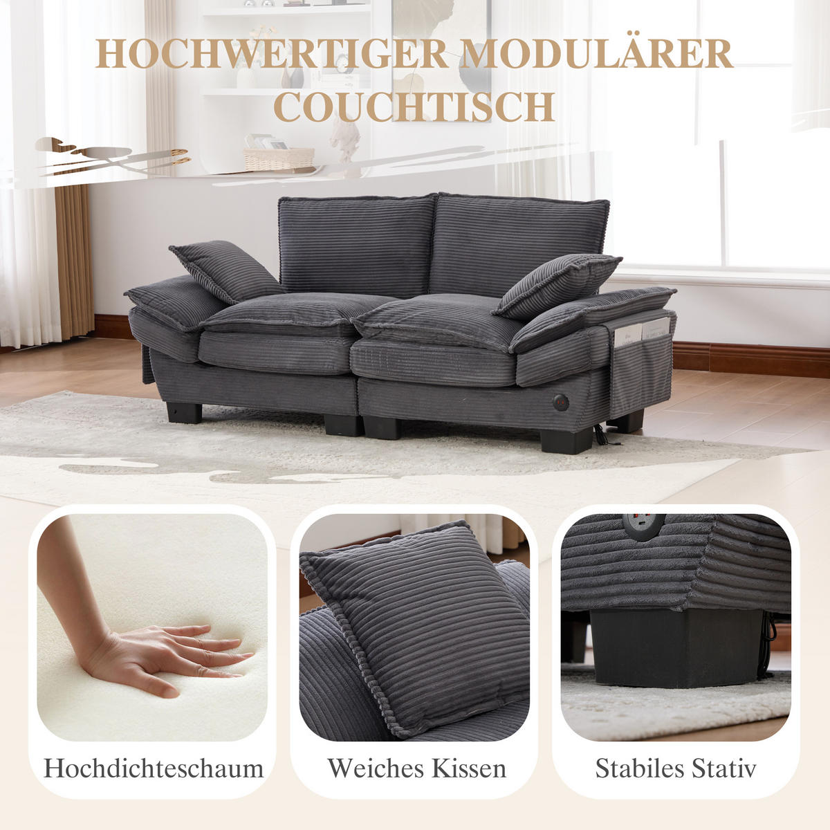 2-SITZER SOFA Cord Dunkelgrau mit USB-C und Seitentaschen - Dunkelgrau, Holzwerkstoff/Kunststoff (190/84/73cm) - WISHDOR