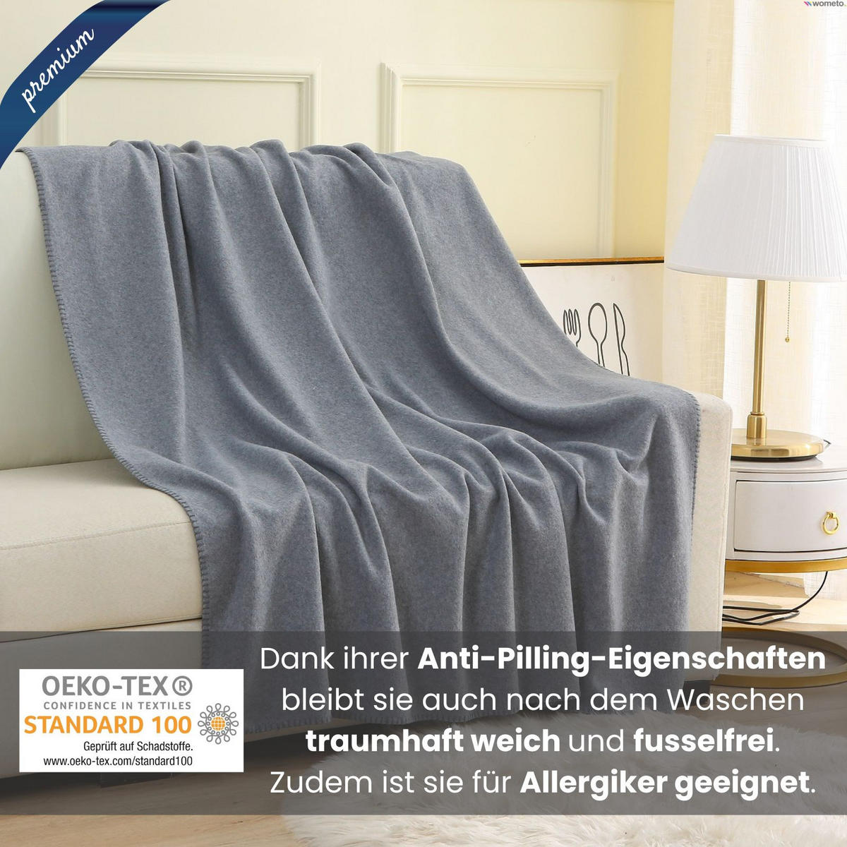 FLEECEDECKE eco-line grau meliert 140/190 cm Ketteleinfassung Anti-Pilling - Grau, Textil (140/190cm) - wometo
