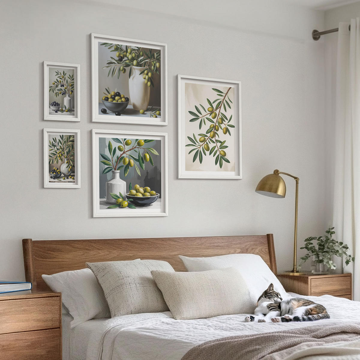 WANDBILDER 5er-Set - 50x50 cm & 20x30 cm & 40x60 cm Weißer Rahmen - Oliven in grauen Vasen - Weiß, Kunststoff (40/60cm) - ArtPrintCave