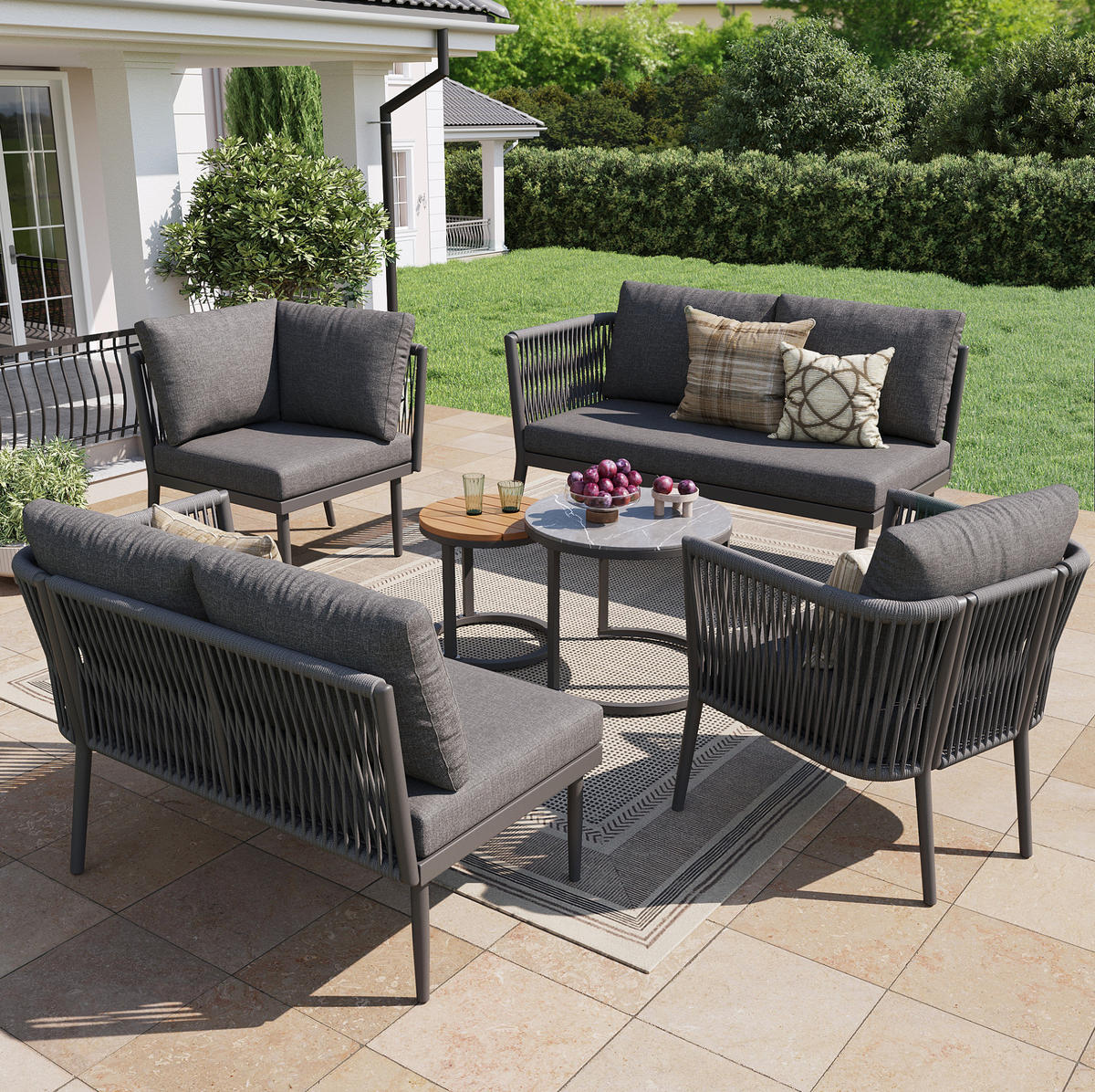 GARTENLOUNGE-SET modular 6-tlg. Grau mit 2 Tischen - Grau, Metall - Beauniv