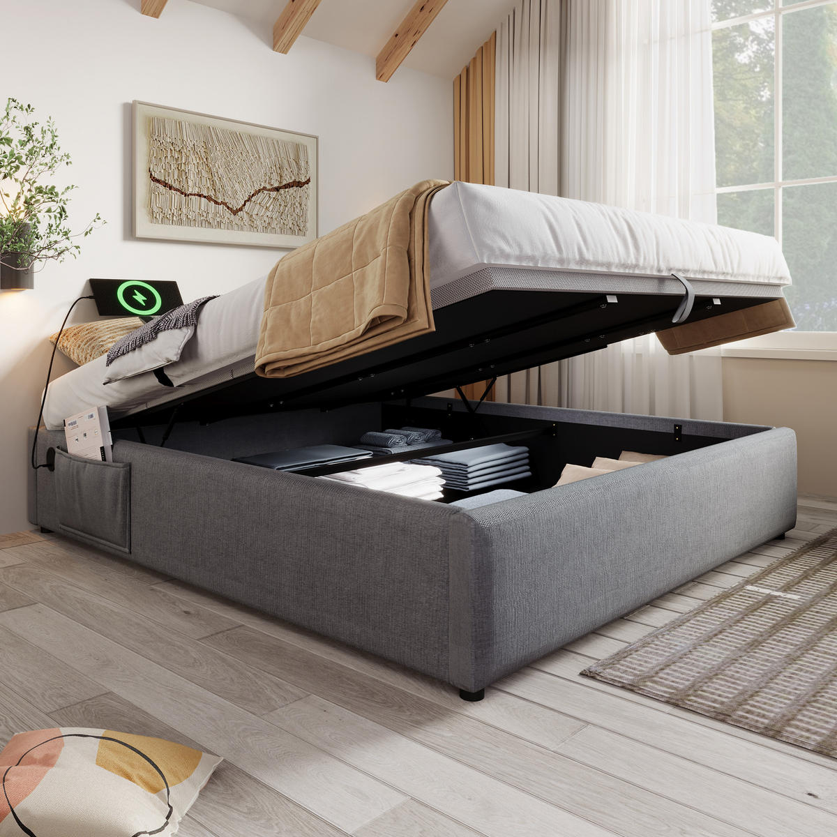 POLSTERBETT 140/200 cm mit hydraulischem Bettkasten & USB/Type-C, vollflächiger Massivholzboden, Grau - Grau, Textil (140/200cm) - Redom