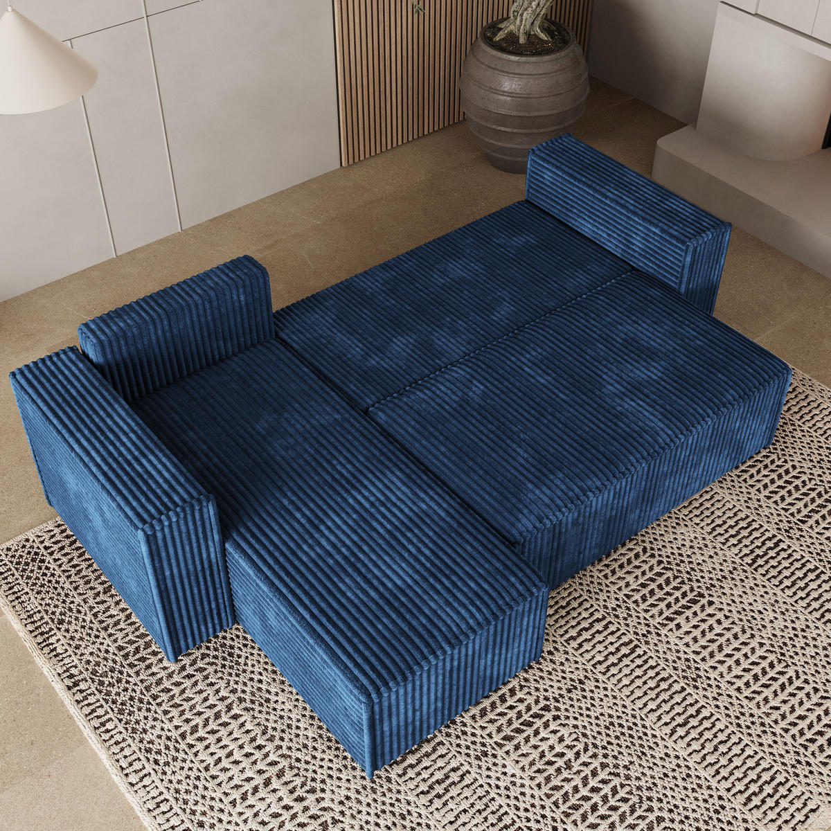 ECKSOFA RAVELO T Blau Kordstoff mit Schlaffunktion - Blau, Holz (240/140cm) - MASSENO