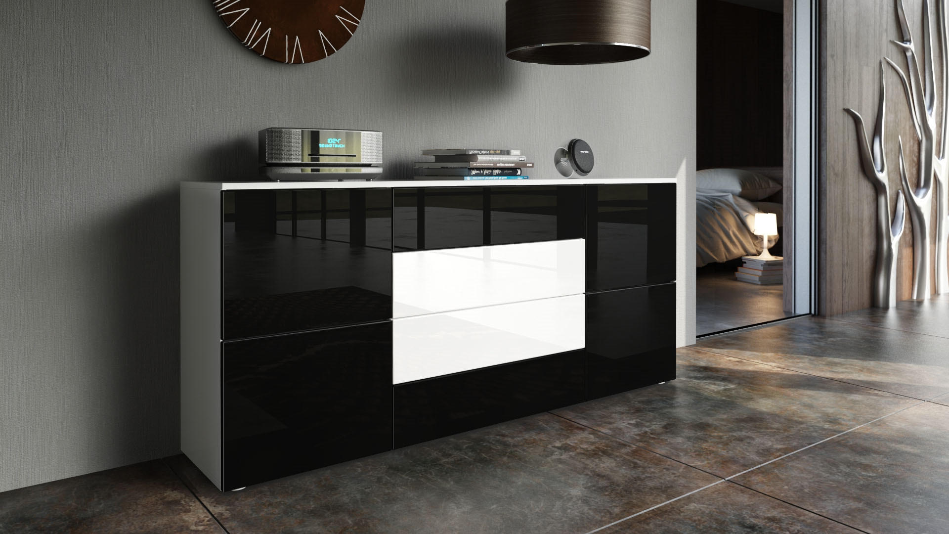 SIDEBOARD Rova Schwarz Hochglanz / Weiß Hochglanz - Schwarz Hochglanz, Holzwerkstoff (166/72/35cm) - Vladon