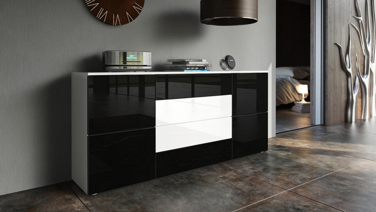 SIDEBOARD Rova Schwarz Hochglanz / Weiß Hochglanz - Schwarz Hochglanz, Holzwerkstoff (166/72/35cm) - Vladon