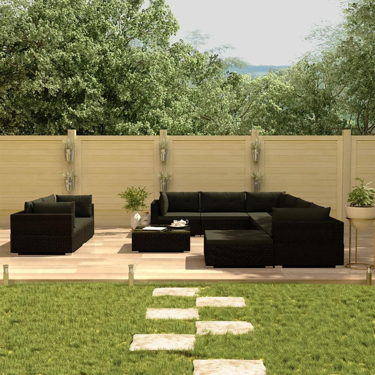 GARTEN-LOUNGE-SET 10Er Set Mit Auflagen Poly Rattan Schwarz - Schwarz, Kunststoff - vidaXL
