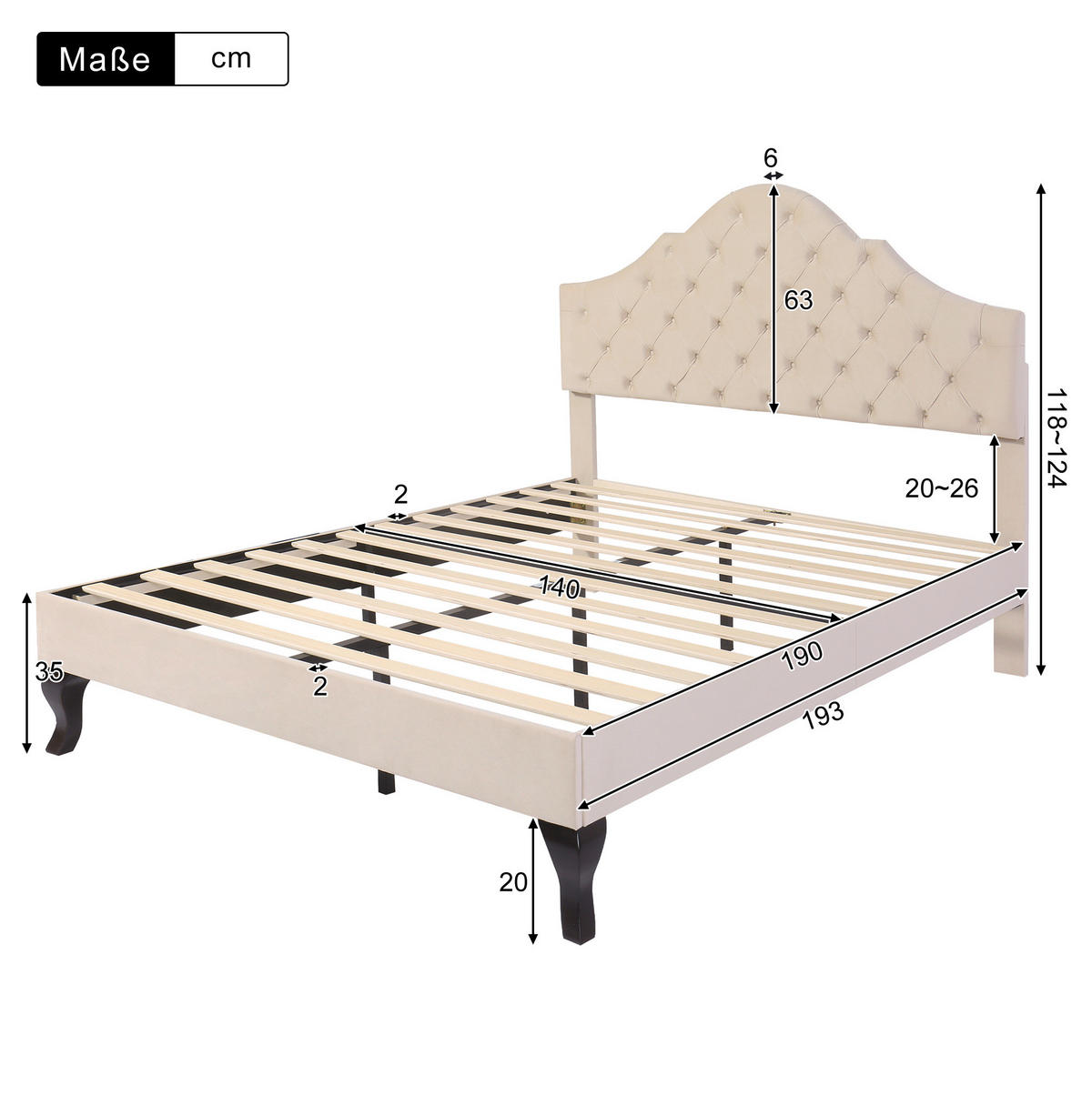 POLSTERBETT aus Samt 140x190 cm Off-White mit höhenverstellbarem Kopfteil und Lattenrost - Beige, Textil (140/190cm) - Modfu