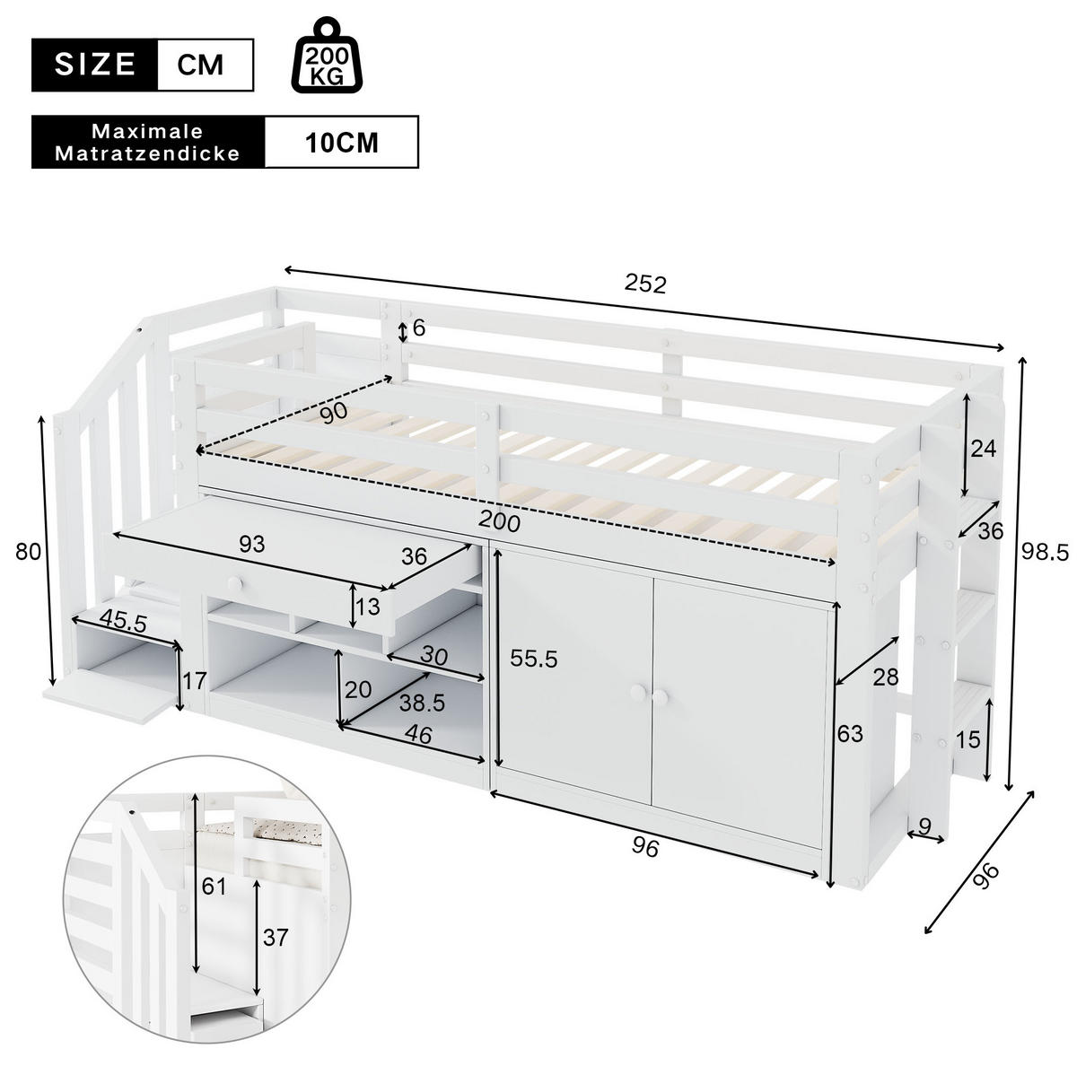KINDERBETT 90/200 cm mit Treppe, Stauraum und Schreibtischfunktion, Massivholz, Weiß - Weiß, Holz (90/200cm) - Redom