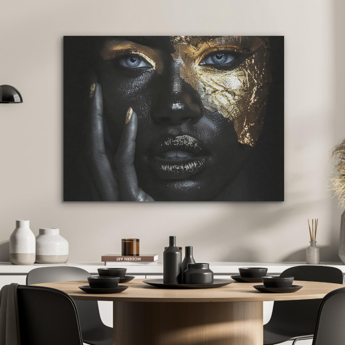 AKUSTIKPANEEL Frau - Gold - Porträt - Schwarz-Weiß - Luxus 80x60 cm - Hellblau, Textil (80/0.9/60cm) - MuchoWow