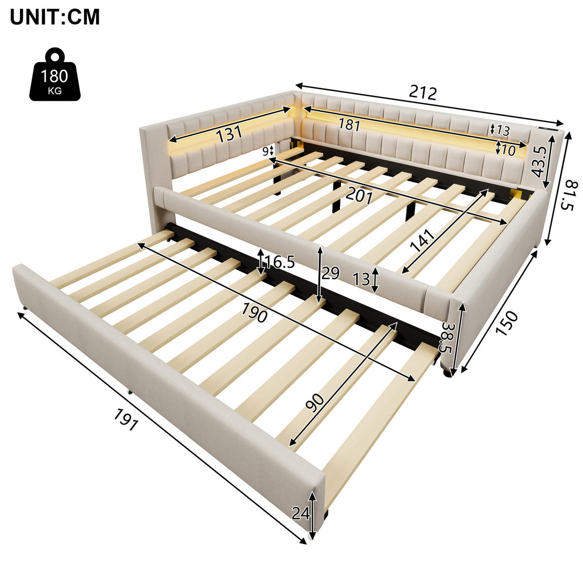 POLSTERBETT 140/200 cm mit Ausziehbett, LED-Beleuchtung, USB- und Type-C-Anschluss, Leinenbezug, Beige - Beige, Textil (140/200cm) - Redom