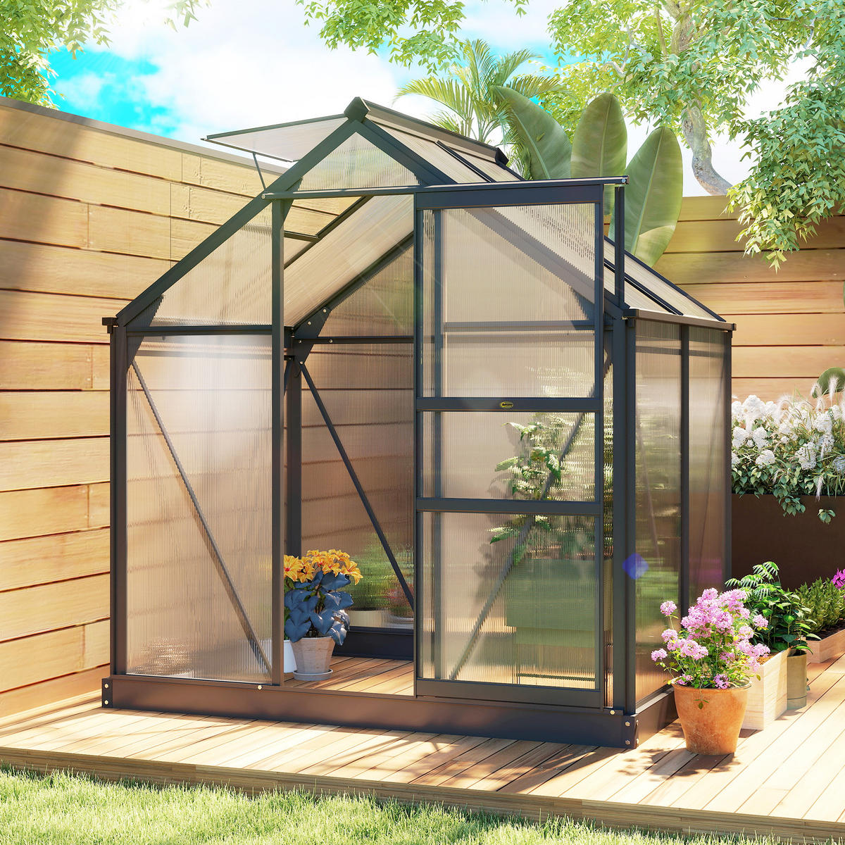GEWÄCHSHAUS mit Dachfenster mit Tür mit Fundament, Alu+Polycarbonat, Grau+Transparent - Transparent/Grau, Kunststoff/Metall (132/201/190cm) - Outsunny