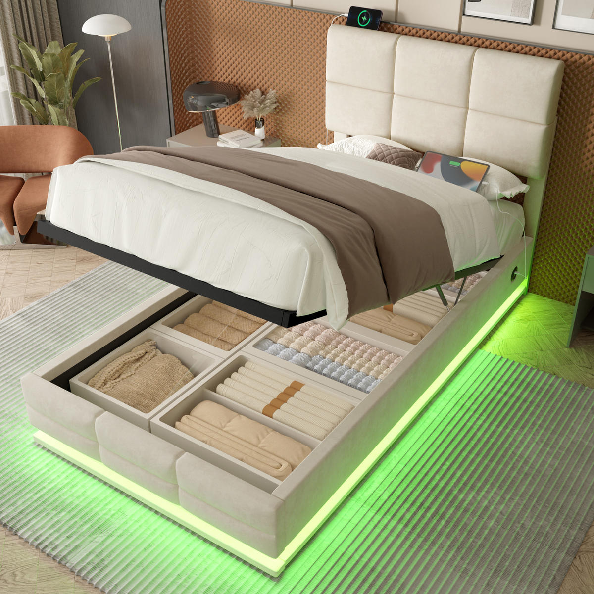 POLSTERBETT 90/200 cm in Beige Samt mit Bettkasten, LED und USB - Beige, Holzwerkstoff/Textil (90/200cm) - WISHDOR