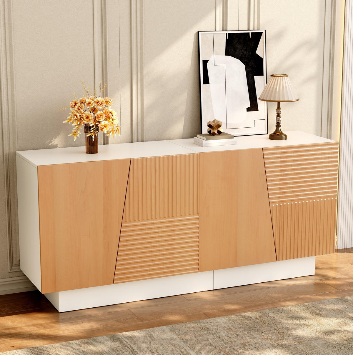SIDEBOARD 160/40,5/72 cm Natur/Weiß aus MDF mit Rillentüren - Naturfarben, Holzwerkstoff (160/72/40.5cm) - OKWISH