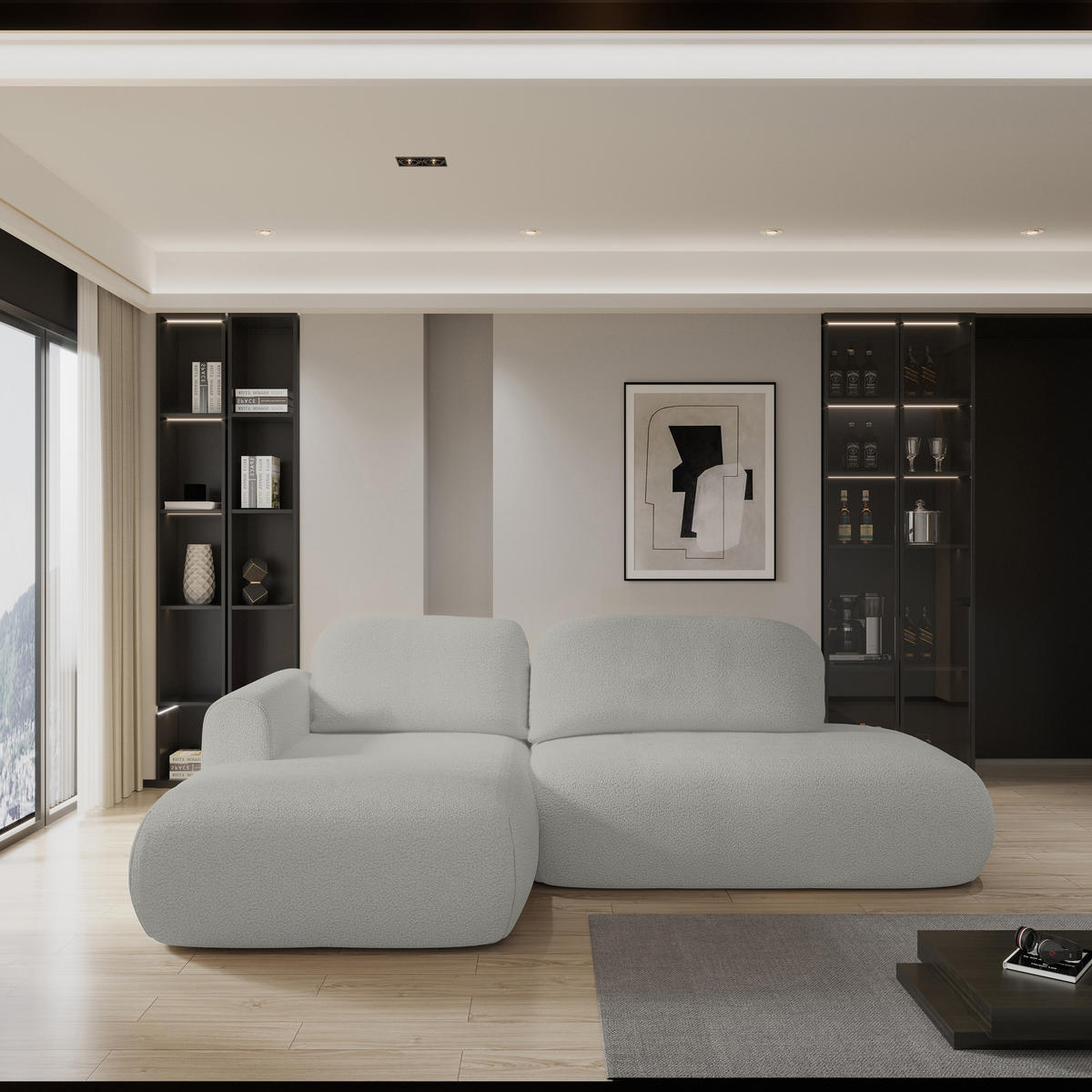 ROHOVÁ SEDAČKA NUVIRA světle šedá - černá/světle šedá, dřevo/textil (279/158cm) - MASSENO