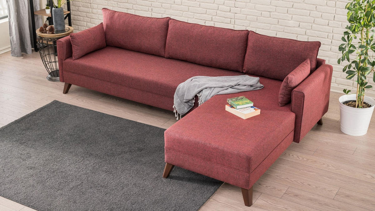 ECKSOFA mit losen Rückenkissen und Schlaffläche - Rot/Walnussfarben, Holz/Kunststoff (165/275cm) - myHomelando