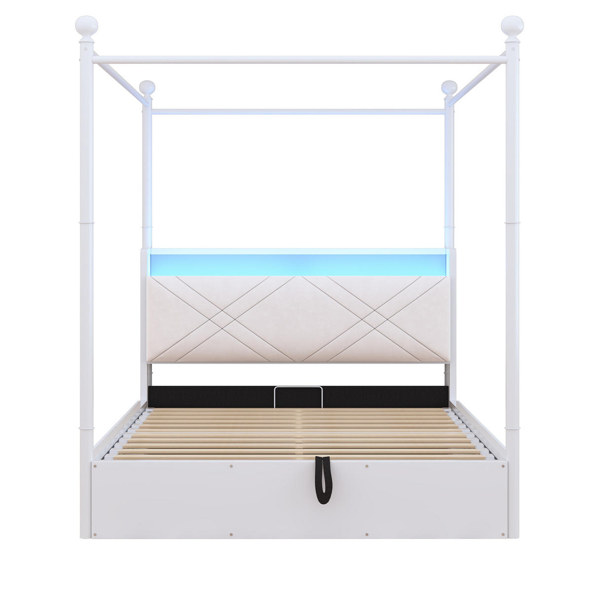 POSTEĽ s baldachýnom 140/190 cm biela s úložným priestorom, LED a USB/Type-C z kovu - biela, kov (140/190cm) - OKWISH