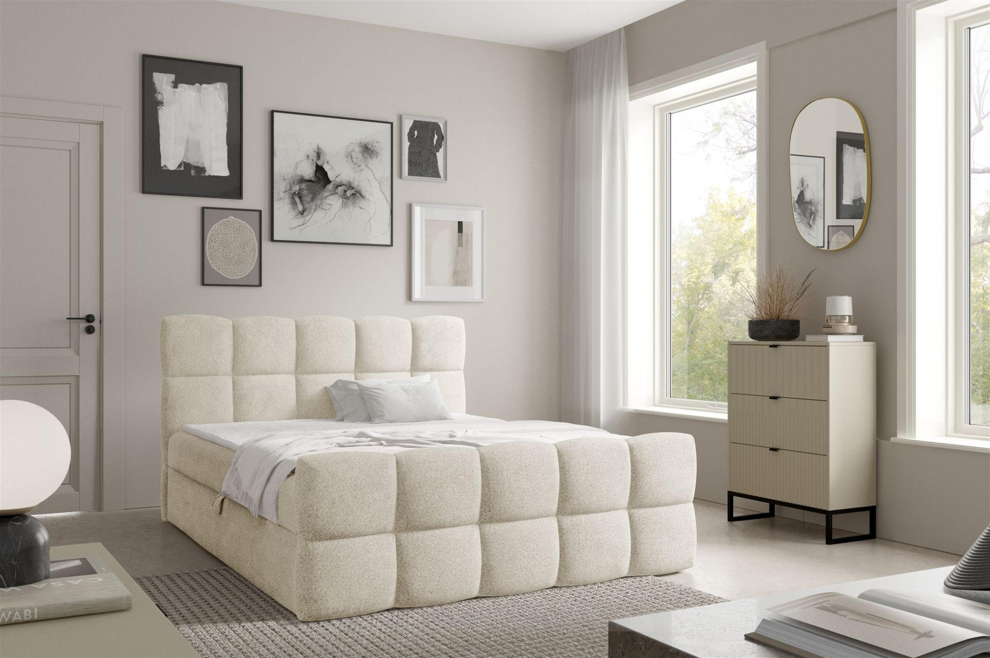 Thumbnail - Fun Möbel Boxbett, Creme, Textil, 180x220 cm, Schlafzimmer, Betten, Boxspringbetten