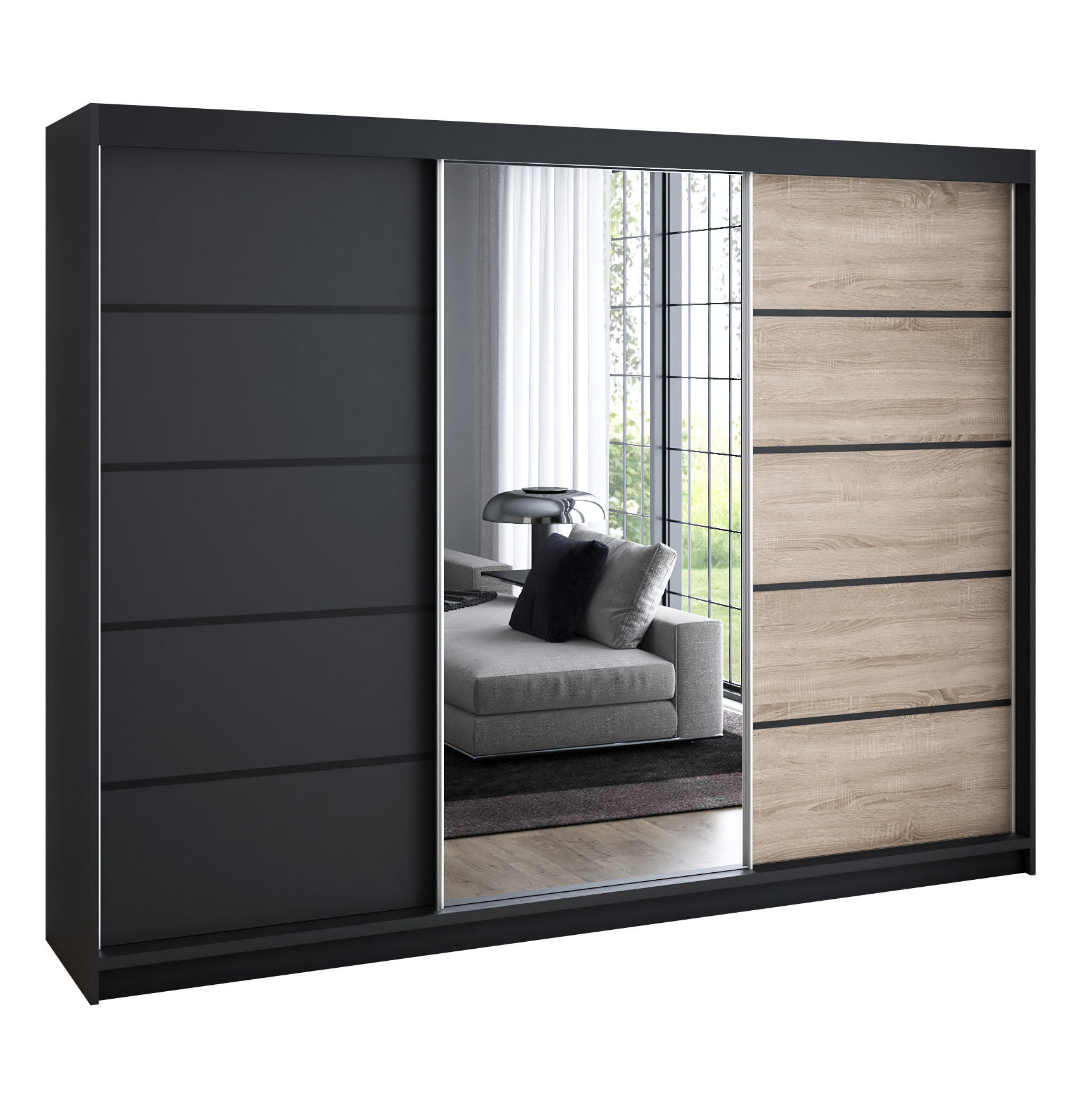SCHWEBETÜRENSCHRANK 200 cm VILANO 2 Farbe: Schwarz, Schwarz, Sonoma - Schwarz/Braun, Holzwerkstoff (200/215/59.5cm) - A&J MöbelLand
