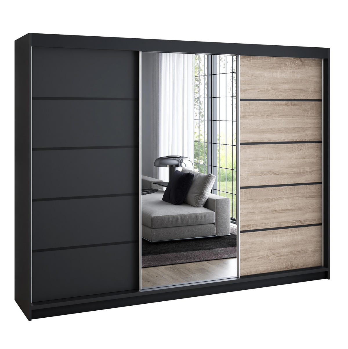 SCHWEBETÜRENSCHRANK 200 cm VILANO 2 Farbe: Schwarz, Schwarz, Sonoma - Schwarz/Braun, Holzwerkstoff (200/215/59.5cm) - A&J MöbelLand
