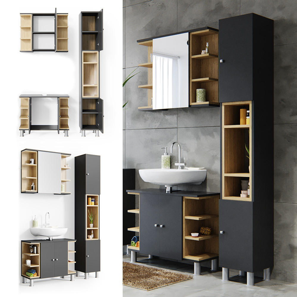 BADMÖBEL-SET Aquis Anthrazit 3 Teile, mit Hochschrank - Anthrazit/Sonoma Eiche, Holzwerkstoff (79.6/64/32cm) - Vicco