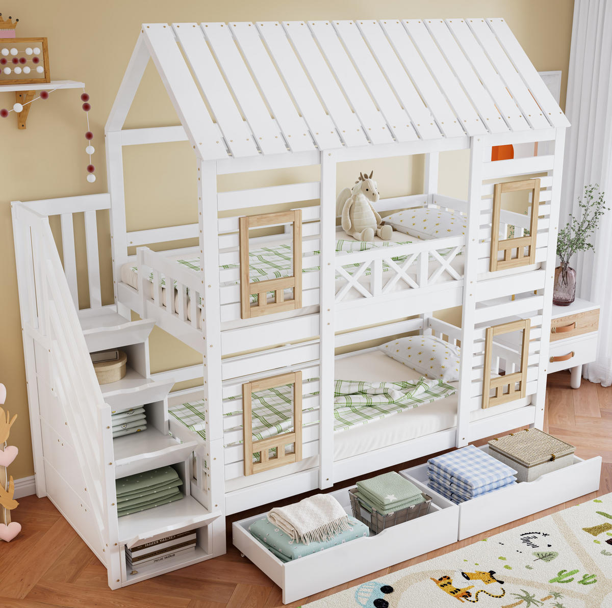 ETAGENBETT aus MDF 90x200 cm Weiß/Natur mit Fenstern, Stauraumtreppe und 2 Schubladen - Weiß, Holzwerkstoff (90/200cm) - Modfu