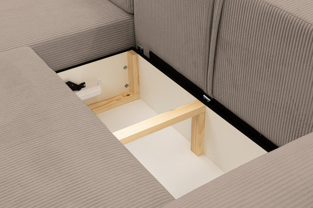 ECKSOFA Dream Cord in L-Form mit Schlaffunktion und Bettkasten, Farbe: Braun, Cordstoff, Ottomane Links - Braun, Textil (136/260cm) - VENASI MÖBEL