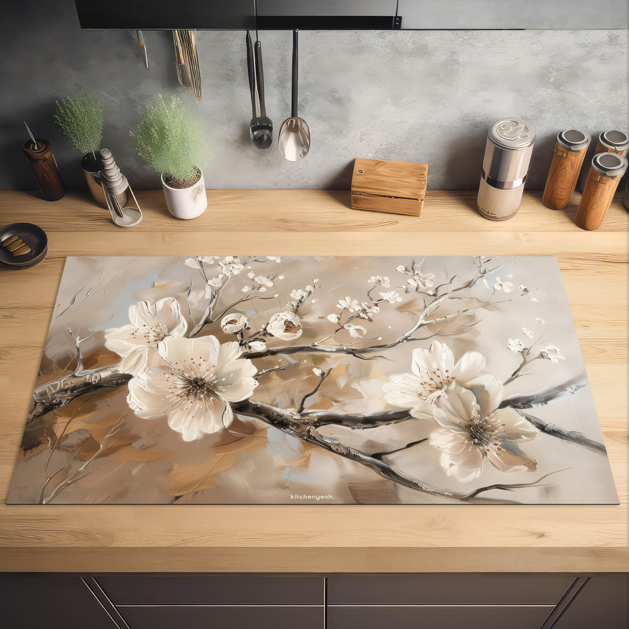 HERDABDECKPLATTE Blumen - Abstrakt - Gemalt - Beige 91x52 cm - Kaschmir, Kunststoff (91.6/0.2/52.7cm) - MuchoWow