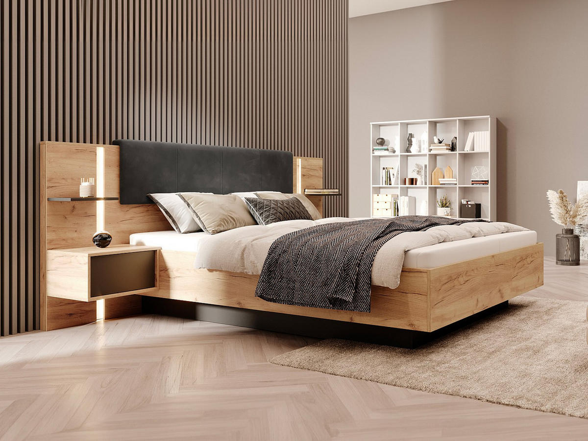 BETT mit Bettkasten - 2 Personen - Stoff, Holz, Platte - Anthrazitgrau, Naturfarben Hell - - Anthrazit/Naturfarben, Holz/Holzwerkstoff (160/200cm) - Vente-Unique