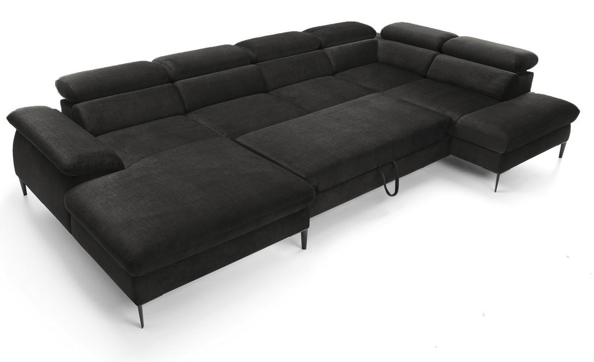 ECKSOFA U-Form 350 cm Amaro M mit Schlaffunktion, Links, Schwarz - Schwarz, Holz (214/353cm) - Emporius