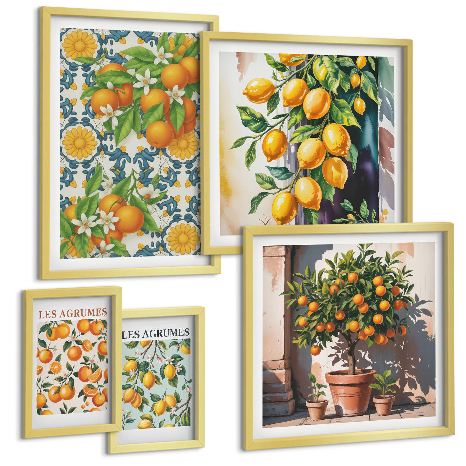 BILDER SET 5er Set - 50x50 cm & 20x30 cm & 40x60 cm Goldrahmen - Retro gelbe Zitrusfrüchte - Goldfarben, Kunststoff (40/60cm) - TULUP