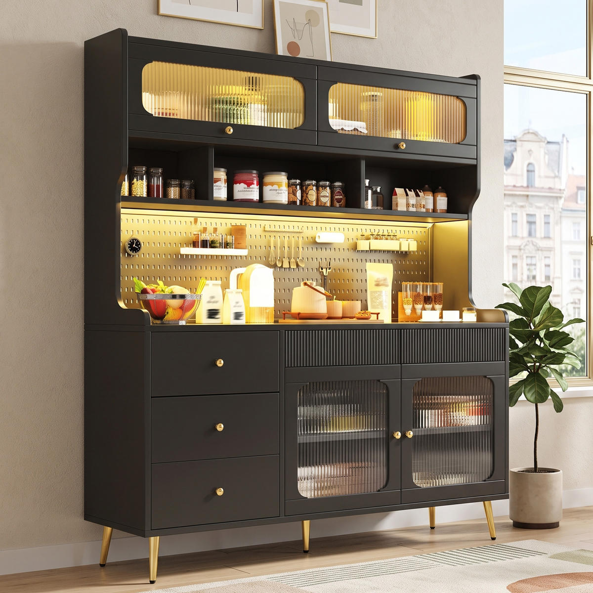 KÜCHENSCHRANK Schwarz mit LED & App-Steuerung, Lift-up-Glastüren & Lochwand - Schwarz, Holzwerkstoff (145/71/39cm) - Urban Meuble