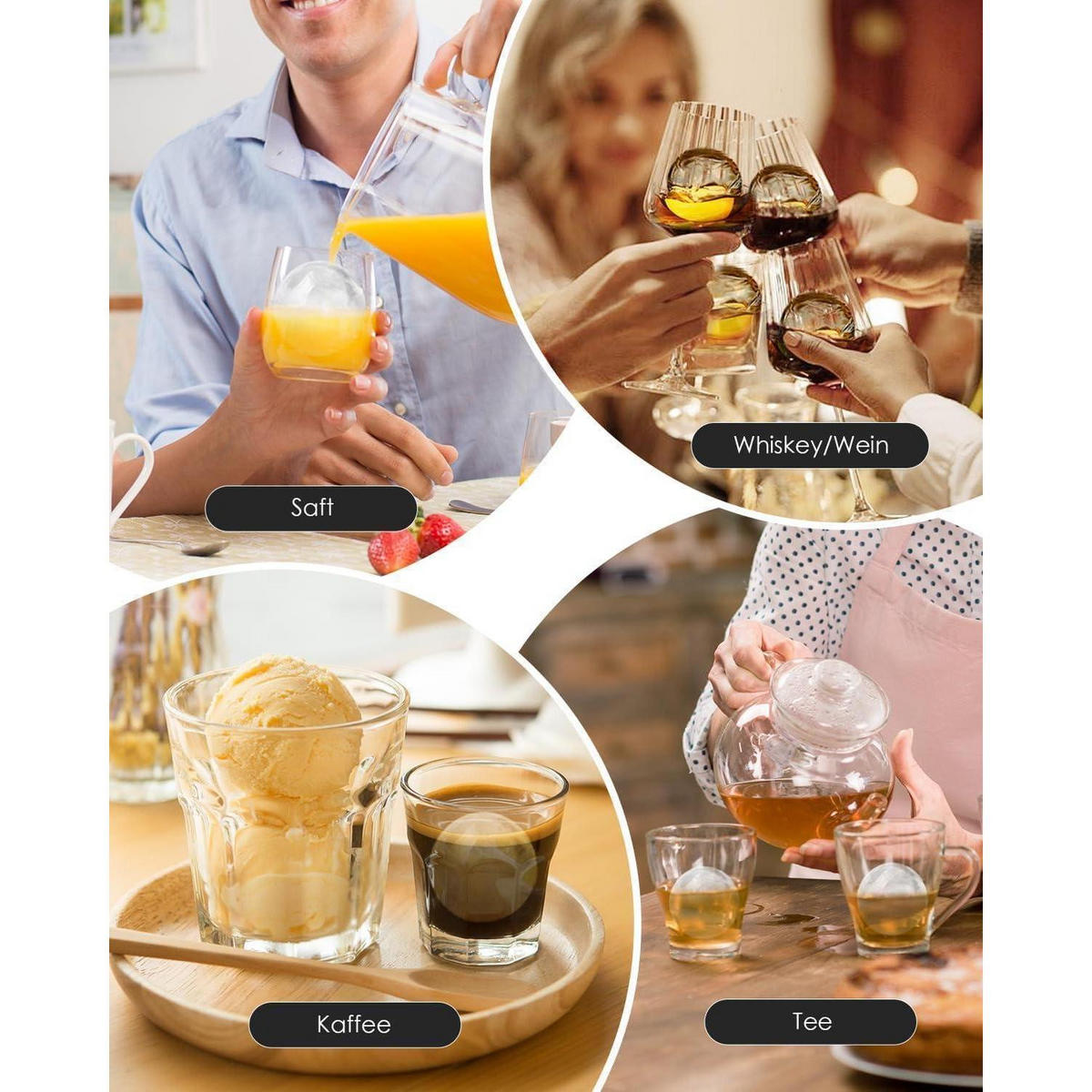 EISWÜRFELFORM 4er Set 6 cm Kugel mit Trichterdeckel Schwarz - Schwarz, Kunststoff (7/8.5/7cm)