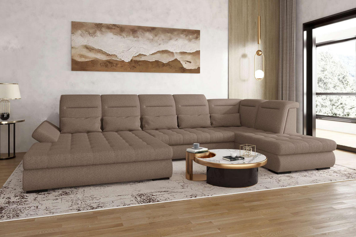 WOHNLANDSCHAFT Toscana Velours inkl. Schlaffunktion - Sandfarben, Textil (208/87/358cm) - 99rooms