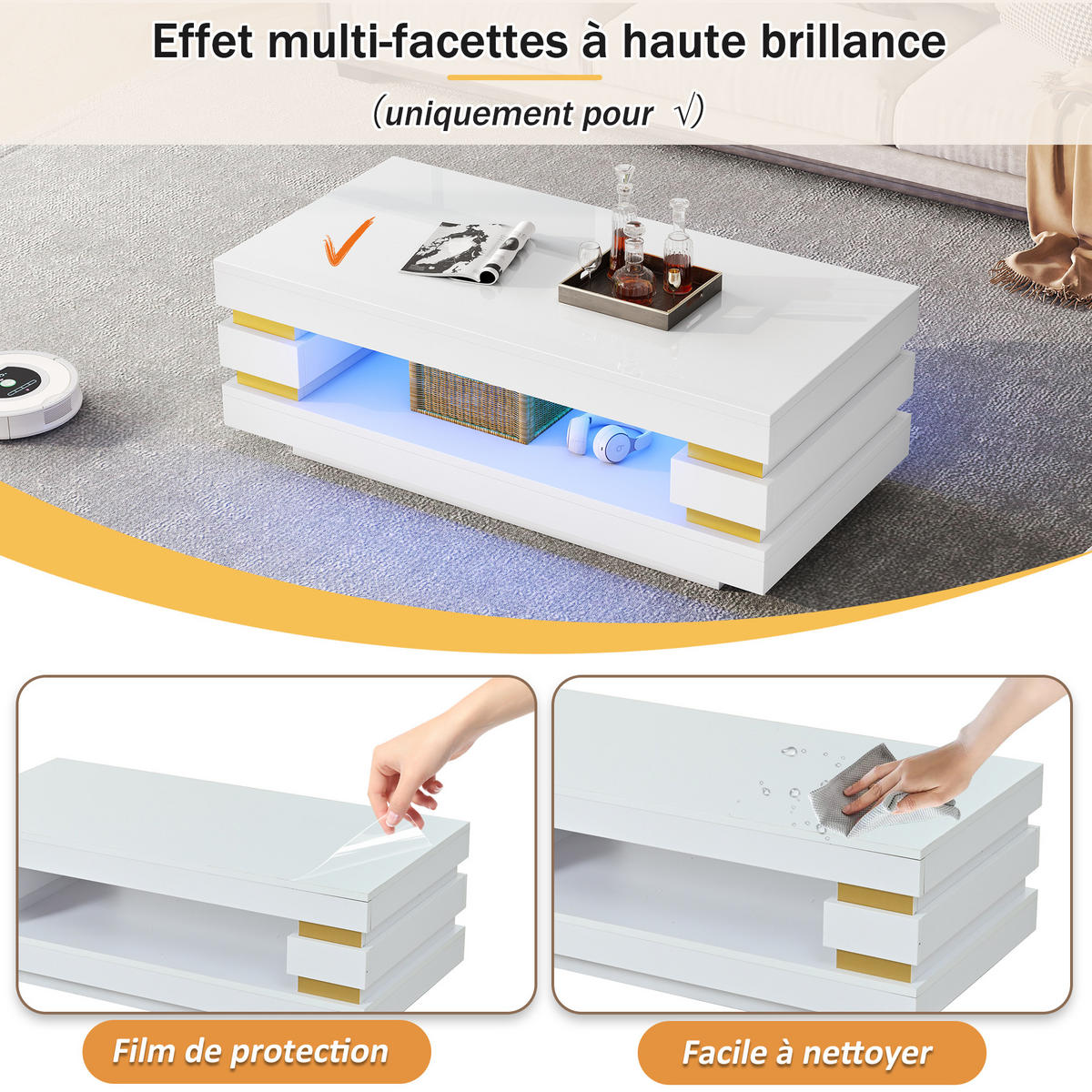 COUCHTISCH 100/50/35 cm weiß aus Spanplatte mit LED-Beleuchtung und offenem Stauraum - Weiß, Holzwerkstoff (100/50/35cm) - OKWISH