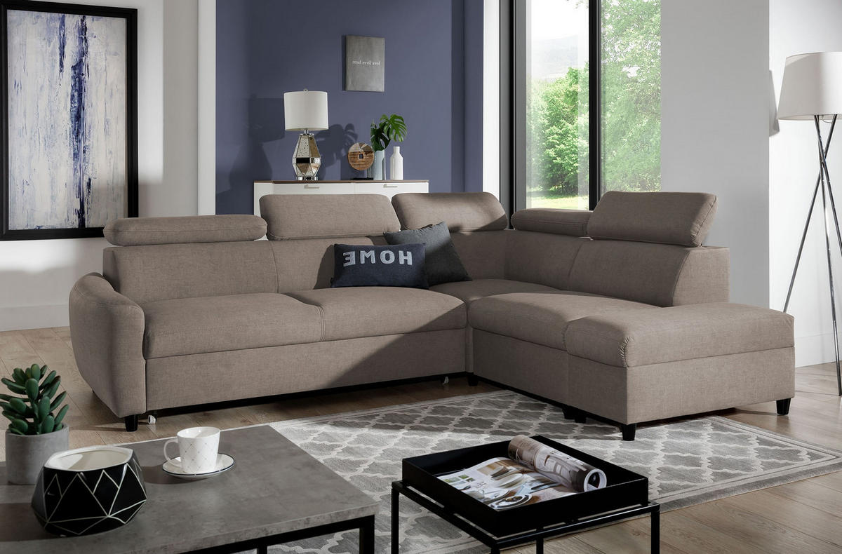 ECKSOFA L Form Olettio Braun 265/205/96 cm Rechts mit Schlaffunktion - Schwarz/Braun, Kunststoff/Textil (265/205cm) - AX Living