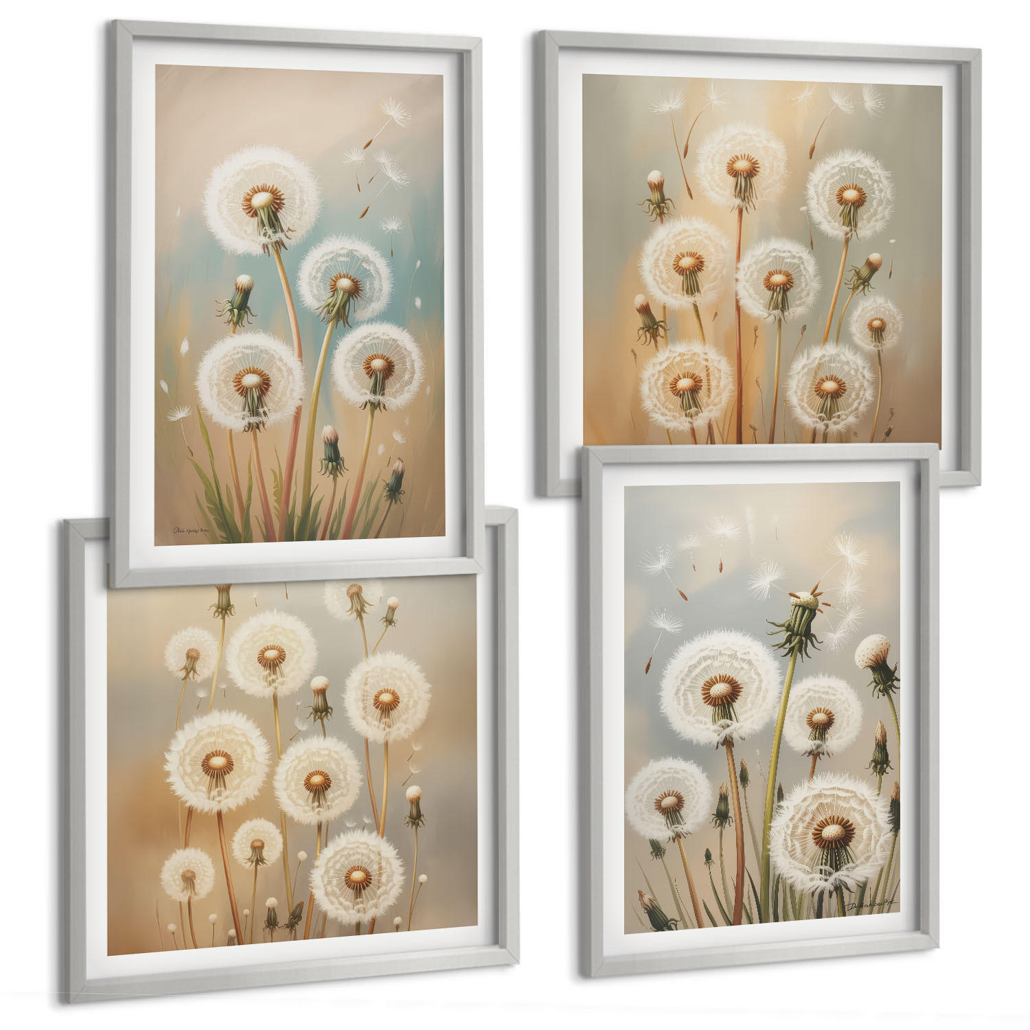 BILDER SET 4er Set - 50x50 cm & 40x60 cm Silberner Rahmen - Pastellfarbene Löwenzahnblüten - Silberfarben, Kunststoff (50/50cm) - TULUP