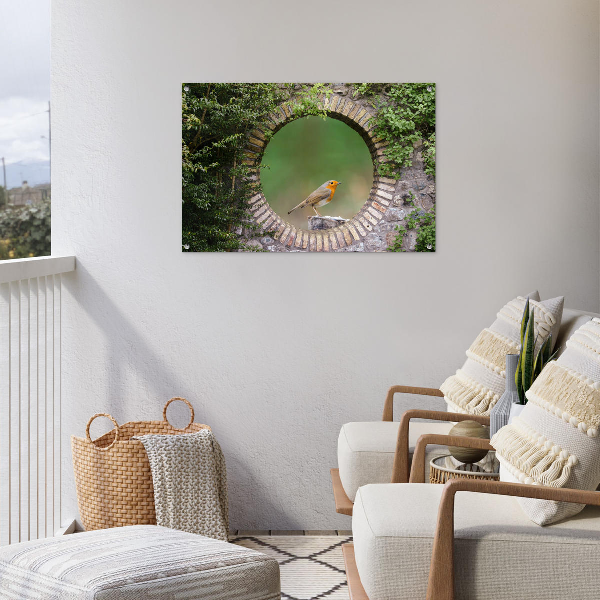 ZAHRADNÍ PLAKÁT Pták - průhled - Robin 90x60 cm - zelená barva, plast (90/60/0.2cm) - OnlyWow