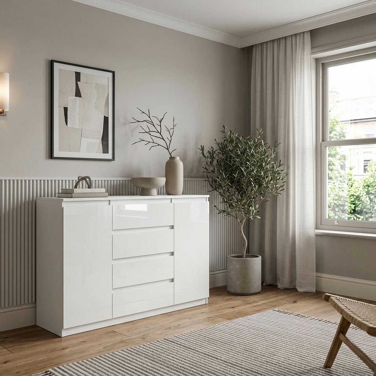 KOMMODE NUDO 120/101,5/39cm mit 4 Schubladen 2 Türen Weiß - Weiß Hochglanz/Weiß, Holzwerkstoff (120/101.5/39cm) - MASSENO