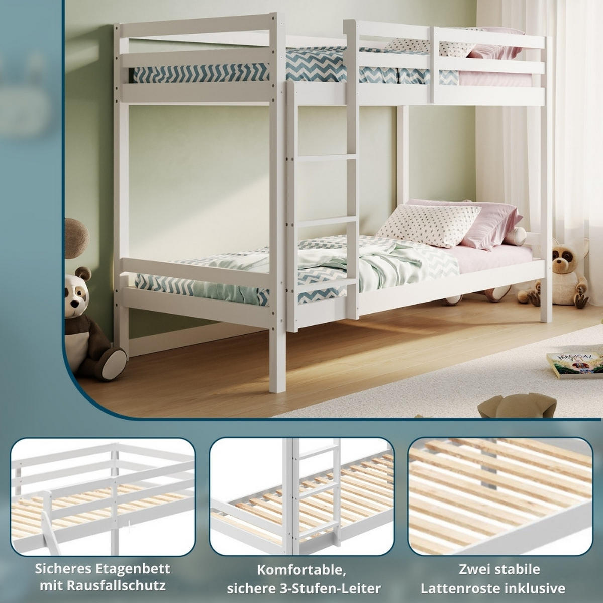 ETAGENBETT mit zwei Matratzen 90x200 cm in Weiß - Weiß, Holz (90/200cm) - Kids Collective