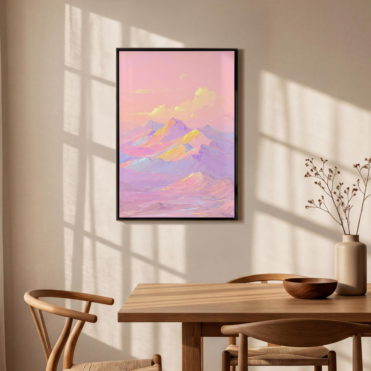 LEINWAND Bilder mit Rahmen - Berggipfel - Wolken - Verträumt - 60x90 - Hellrosa, Textil (60/90cm) - MuchoWow