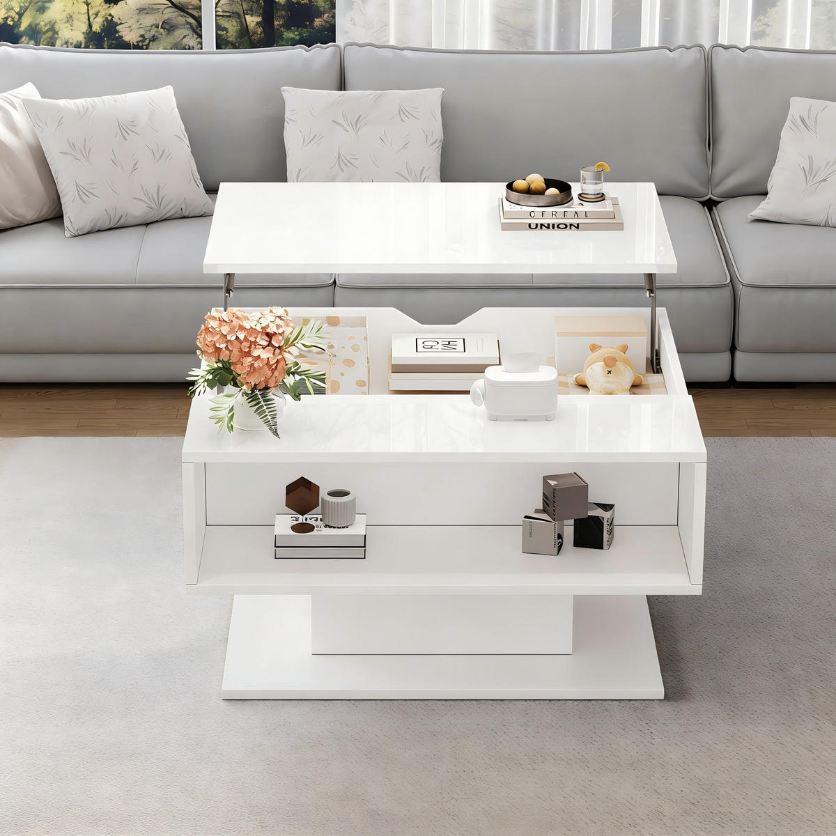 COUCHTISCH 80/75/40 cm weiß aus Spanplatte mit Hubfunktion und LED-Beleuchtung - Weiß, Holzwerkstoff (80/75/40cm) - OKWISH