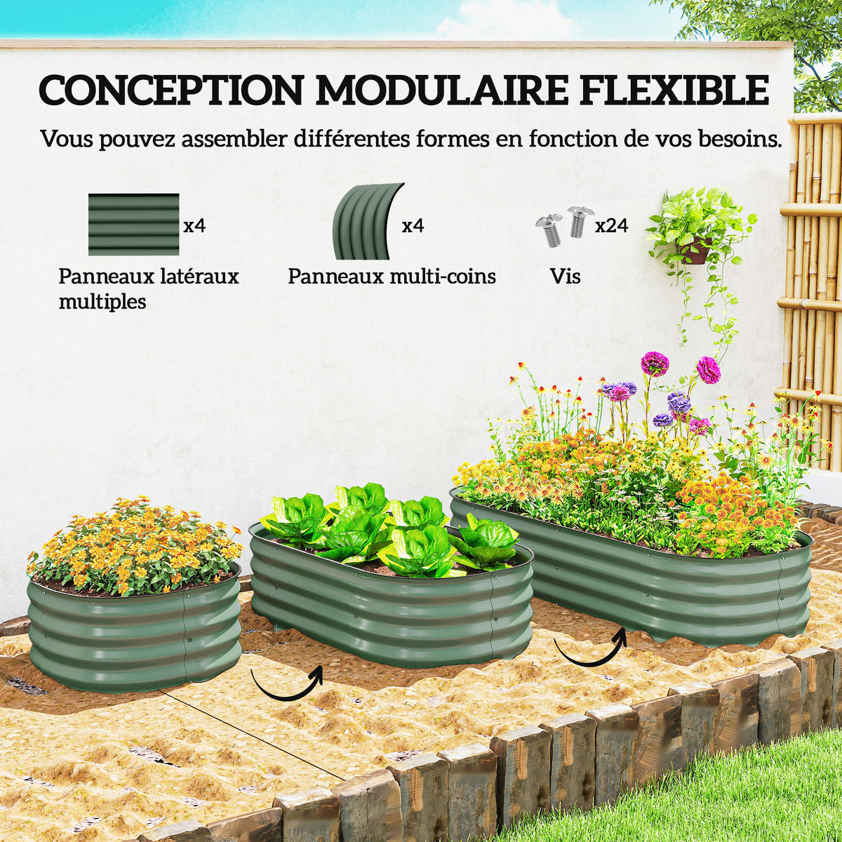 HOCHBEET DE-12148 modular 150/62/30 cm mit Gummikante Grün - Grün, Metall (150/30/62cm) - ComfortXL