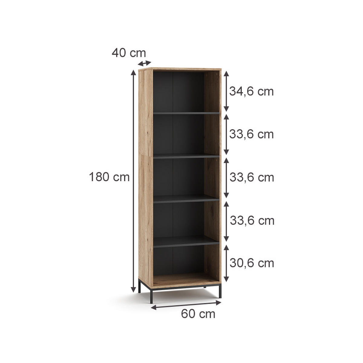 BÜCHERREGAL Eliza Viking Oak 60 x 180 cm mit 5 Fächern - Eichefarben, Holzwerkstoff (60/180/40cm) - Vicco