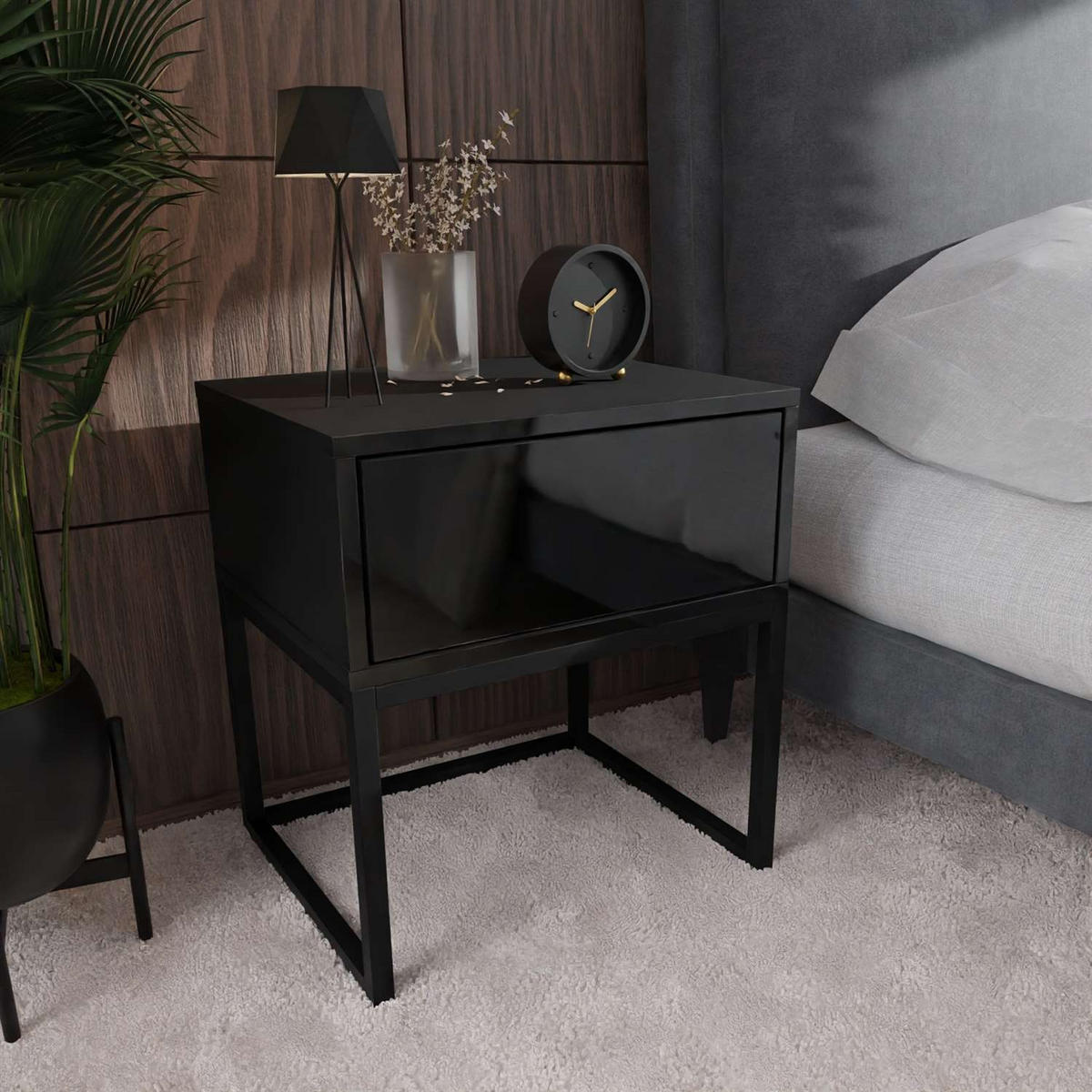NACHTTISCH BLANCO LOFT Schwarz Hochglanz auf schwarzem Gestell - Schwarz Hochglanz, Holzwerkstoff (45/53/37cm) - Lookway