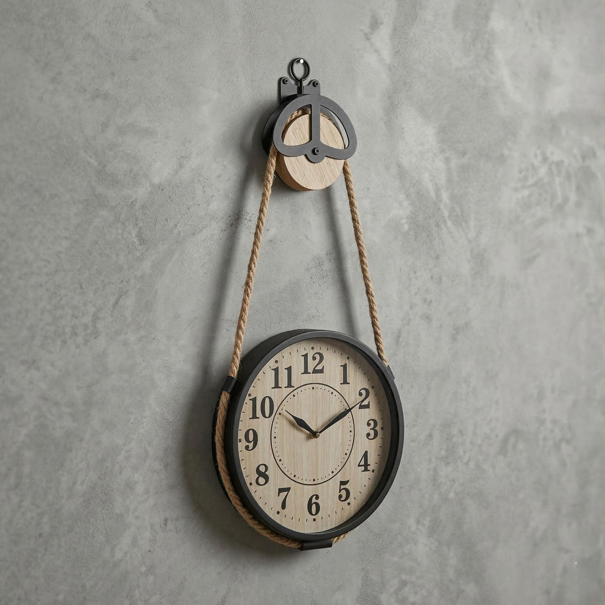 WANDUHR mit Juteseil Palo 27/31/73 cm - Schwarz, Metall (31/73/27cm) - SCENA LIVING